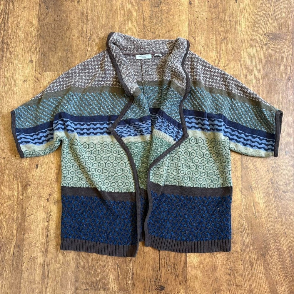 Cozy Cottage core Woman Mixed Pattern Short Sleeve Open Front Cardigan Brown 1X